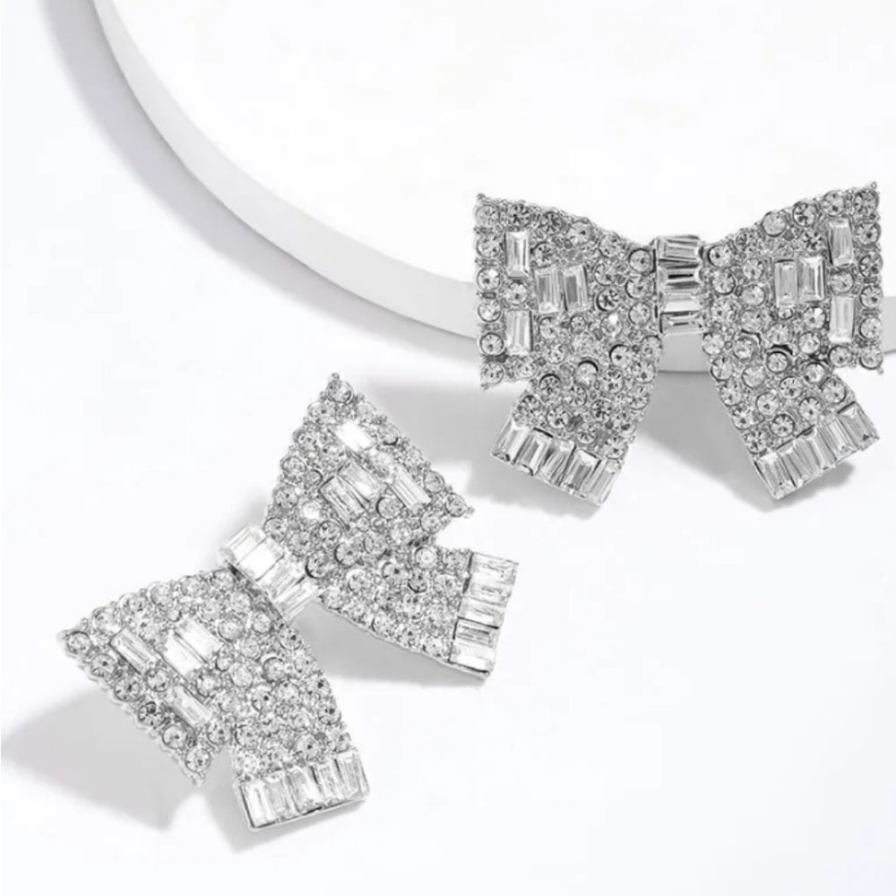 Silver Rhinestone Bow Earrings